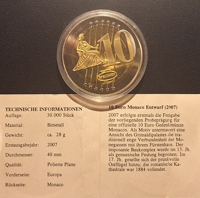  MONACO 10 Euro Probe 2007 Bimetall mit Zertifikat ex. 30.000   