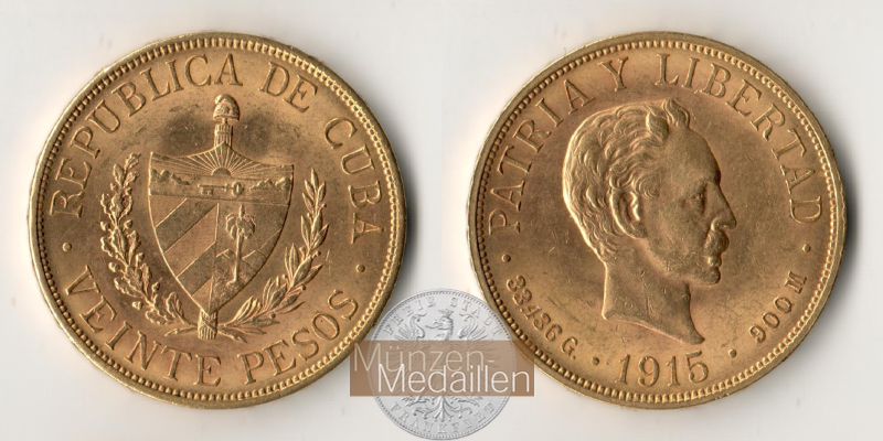Kuba MM-Frankfurt  Feingold: 30,1g 20 Pesos 1915 