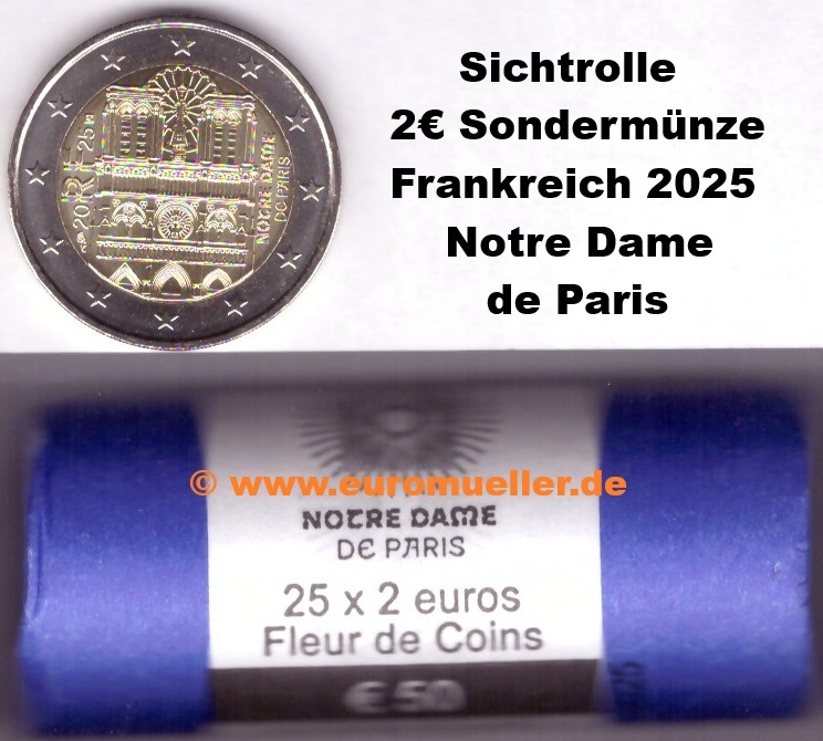 Frankreich Rolle,,,2 Euro Gedenkmünze 2025...Notre Dame   