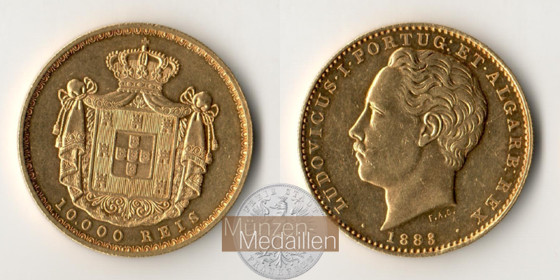 Portugal  10.000 Reis MM-Frankfurt Feingold: 16,27g Luís I 1883 