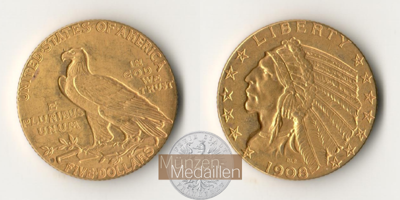 USA  5 Dollar MM-Frankfurt   Feingold: 7,52g Half Eagle 1908 