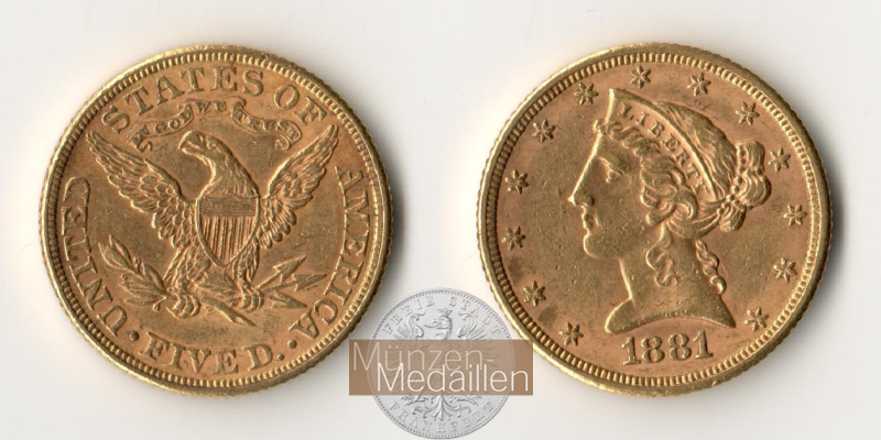 USA  5 Dollar MM-Frankfurt   Feingold: 7,52g Half Eagle 1881 