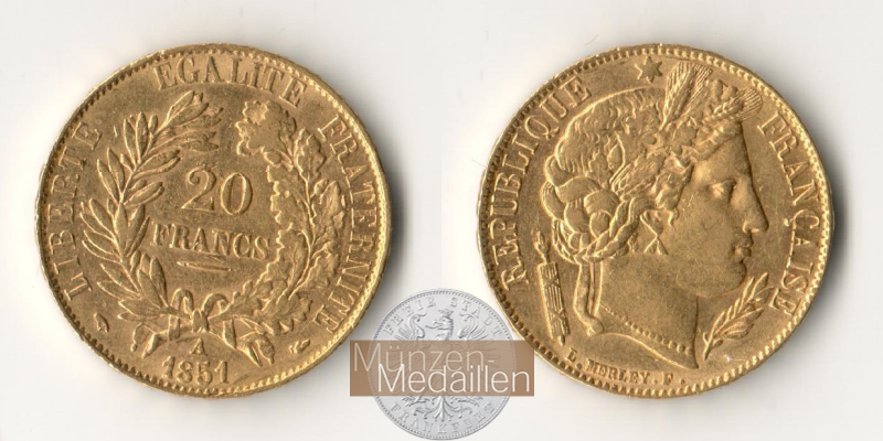  Republik Frankreich, 20 Francs 1851 A (1849-1851) MM-Frankfurt KM#762 Feingold: 5,81g   
