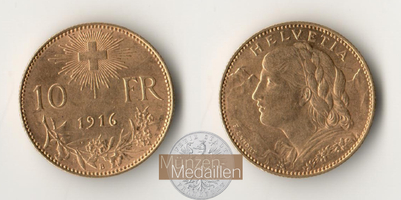 Schweiz  10 sFR MM-Frankfurt Feingold: 2,90g 1/2 Vreneli 1916 