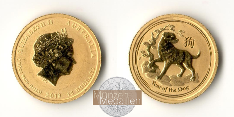 Australien 15 Dollar MM-Frankfurt Feingold: 3,11g Hund 2018 