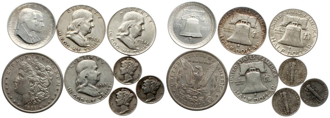  Wertvolles Silberlot mit 11 Silbermünzen aus den USA, siehe unten!   