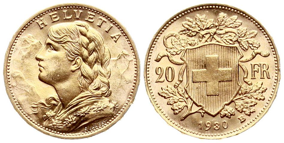  Schweiz: 20 Franken 1980 B, Vreneli, stgl   