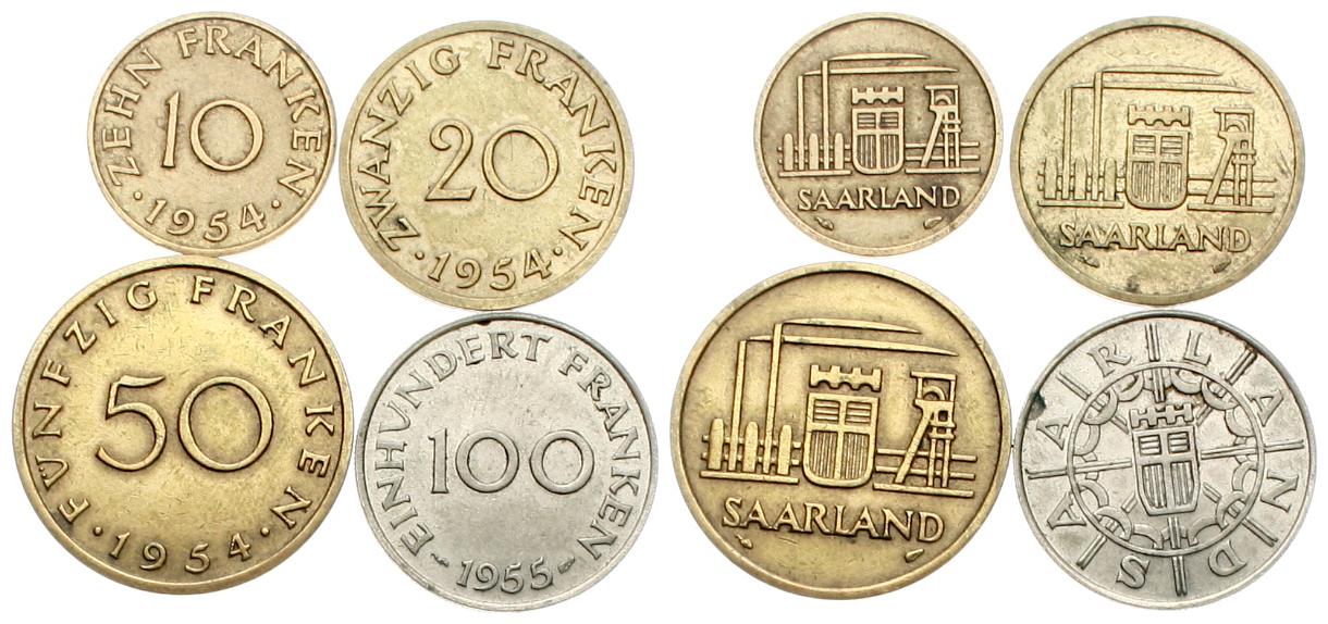  Saarland: Kompletter Münzsatz, 10, 20, 50 & 100 Franken 1954 & 1955, siehe Bilder   