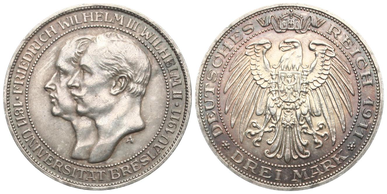  Preussen: Wilhelm II, 3 Mark 1911 A, Uni Breslau, wunderschöne Patina!   