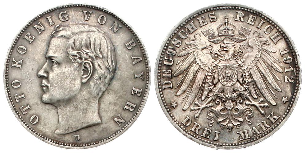  Kaiserreich, Bayern: Otto, 3 Mark 1912, Silber, schöne Patina! siehe Bilder!   