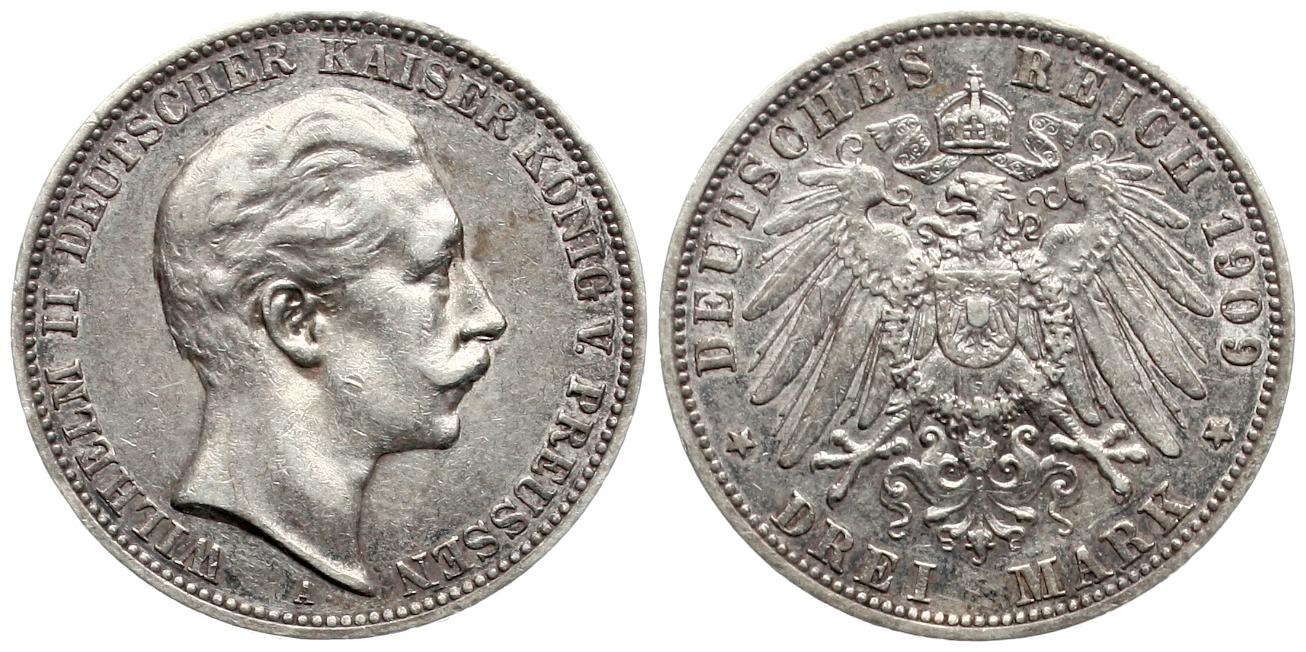  Preussen: Wilhelm II., 3 Mark 1909 A, schöne Patina!   