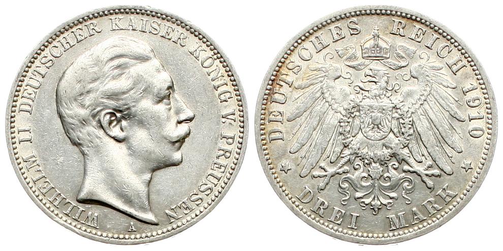  Preussen: Wilhelm II., 3 Mark 1910 A, schöne Patina!   