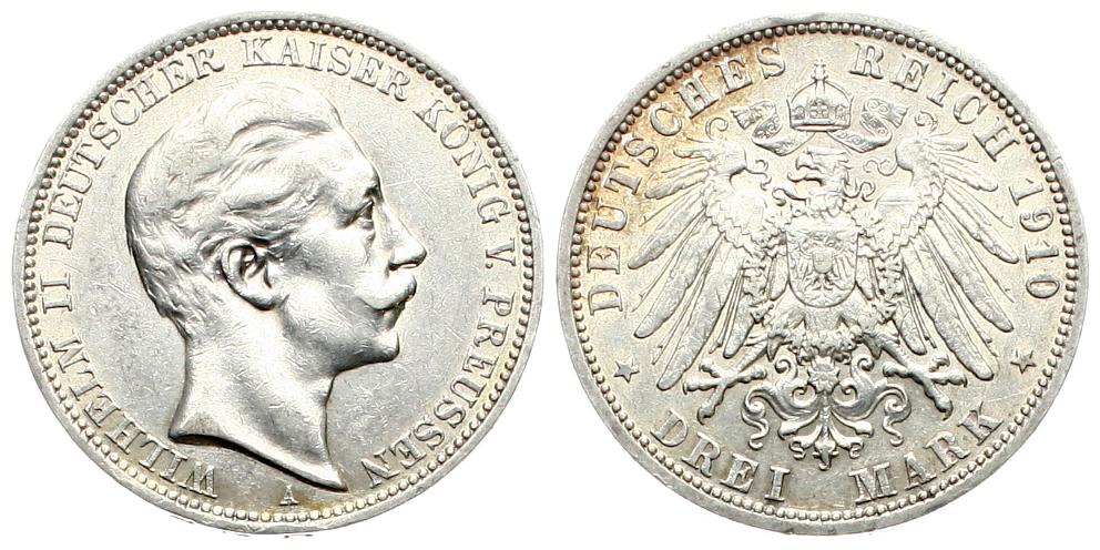  Preussen: Wilhelm II., 3 Mark 1910 A, schöne Patina!   