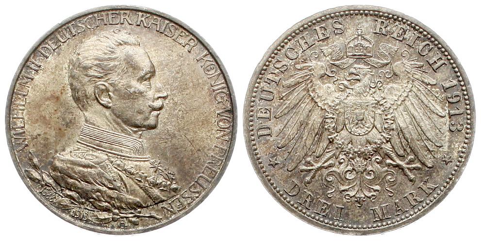  Preussen: Wilhelm II., 3 Mark 1913 A, Befreiungskriege, schöne Patina!   