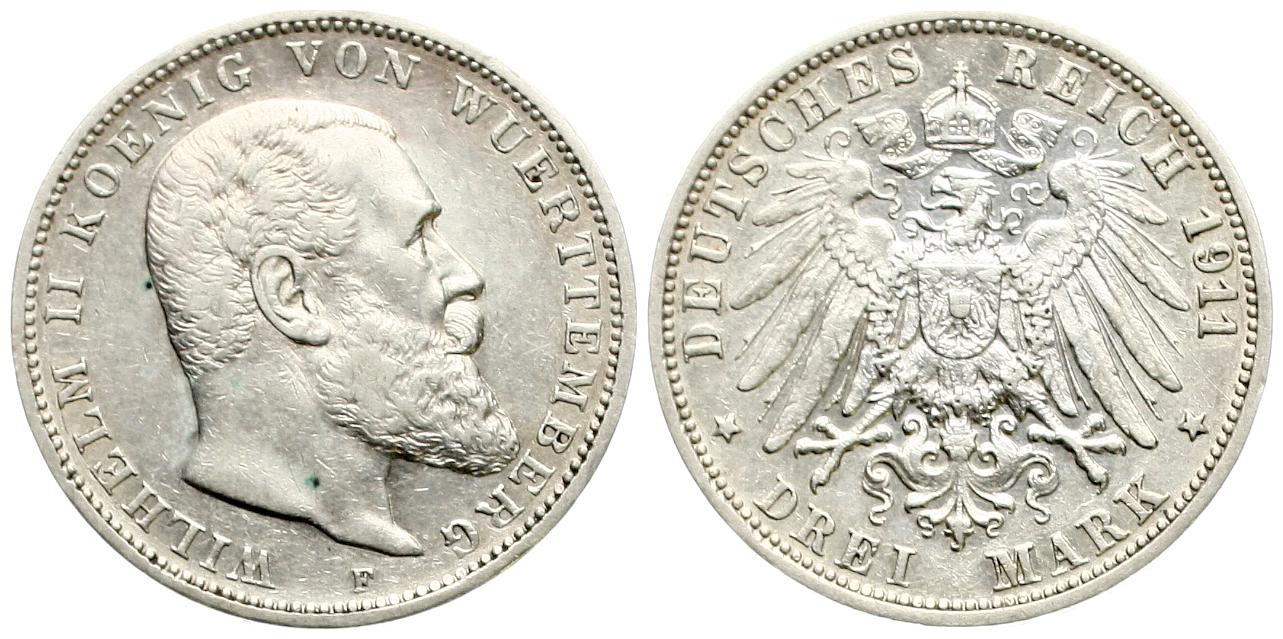  Württemberg: Wilhelm II, 3 Mark 1911, Silber, Erhaltung!   