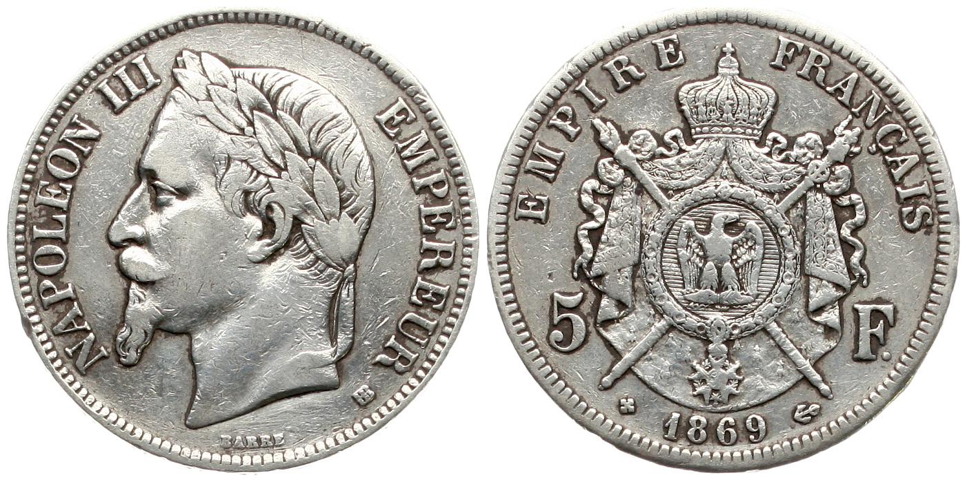  Frankreich: 5 Francs 1868 BB, Strassburg, Napoleon III., ss   
