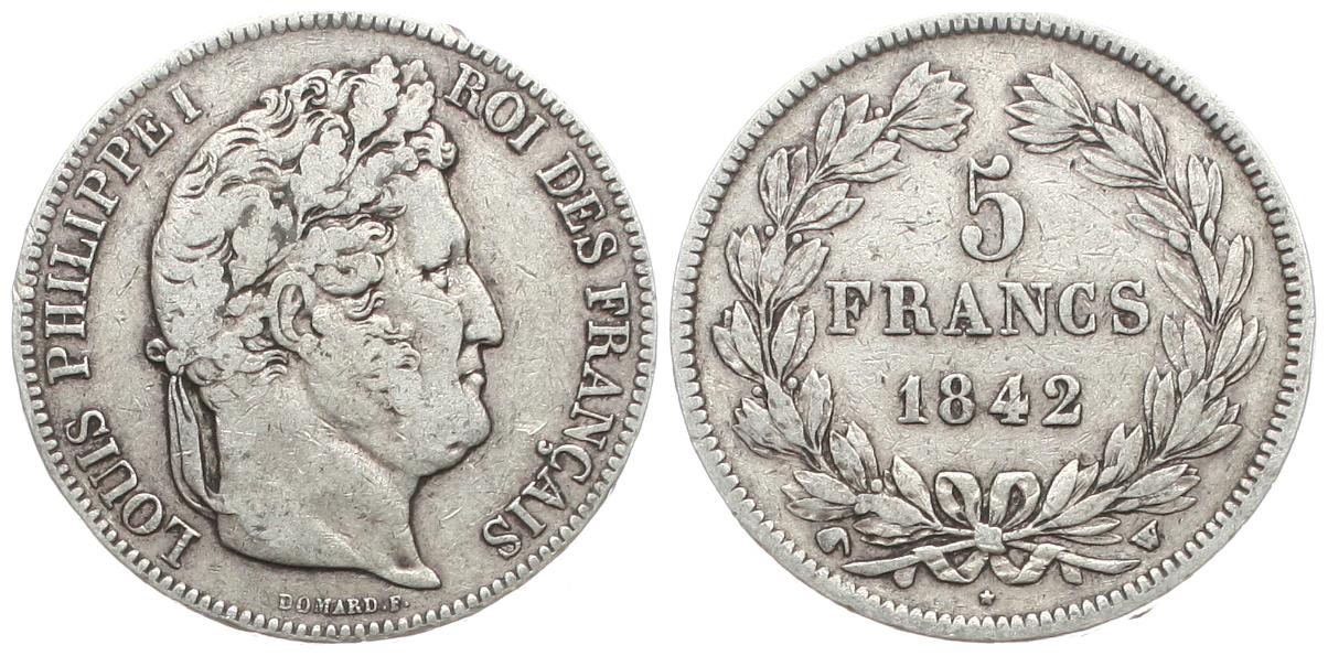  Frankreich: 5 Franc 1842 W, Louis Philippe I., siehe unten!   
