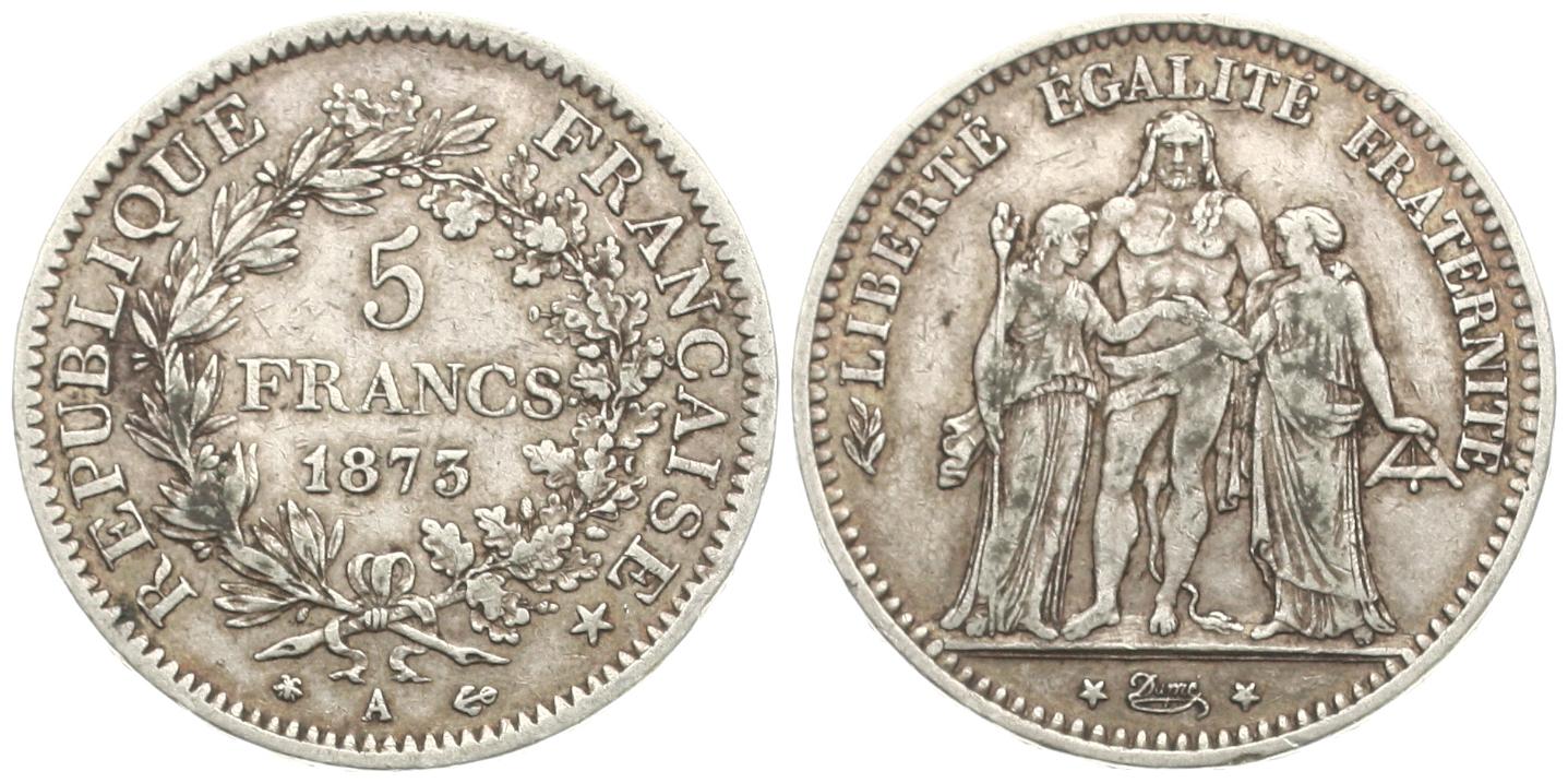  Frankreich: 5 Francs 1873 A, Paris, Herkulesgruppe   