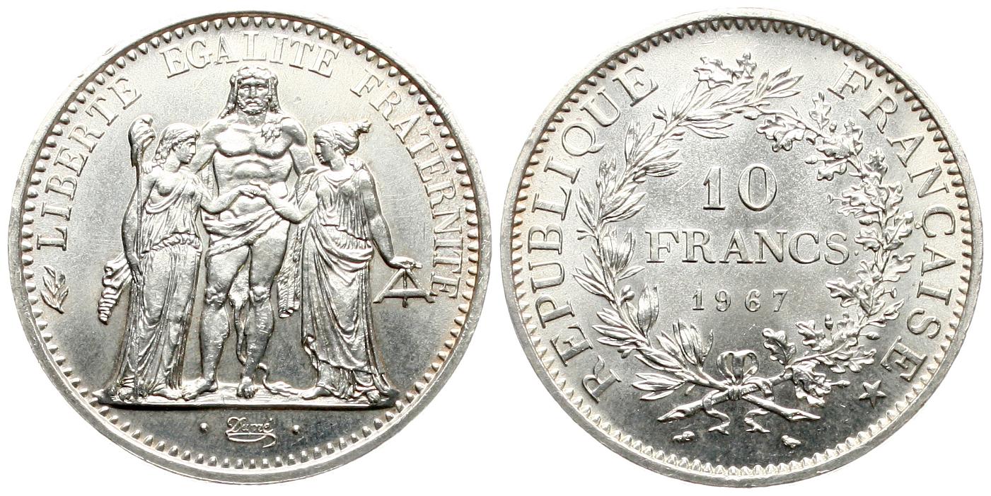  Frankreich: 10 Franc 1967, 25 gr. 900er Silber (22,5 gr. fein)   
