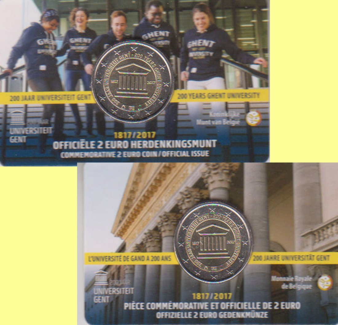  Offiz. Coincard 2 x 2-Euro-Sondermünze Belgien *200 Jahre Uni Gent* 2017 Ausgabe NL + F   