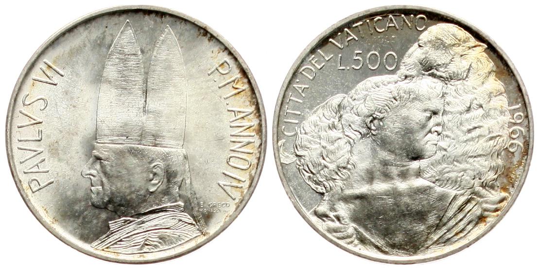  Vatikan/Kirchenstaat: 500 Lire 1966 Papst Paul VI., Hirte mit Schaf auf der Schulter, fstgl   