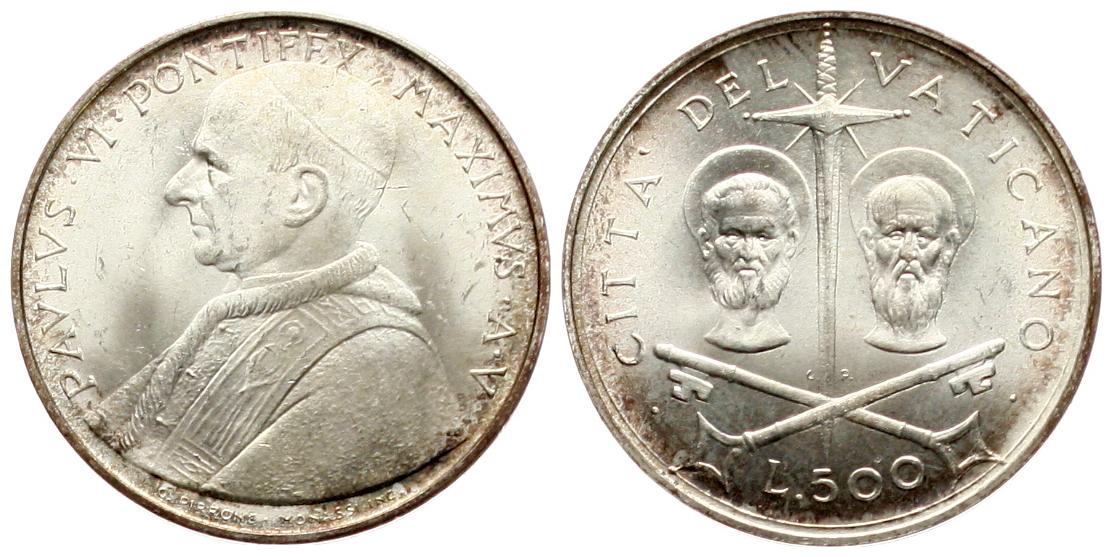  Vatikan/Kirchenstaat: 500 Lire o. J. (1967), Papst Paul VI., Die Apostel Petrus und Paulus fstgl   