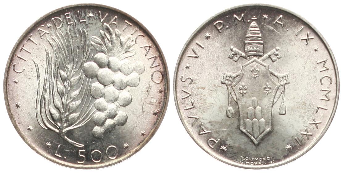  Vatikan/Kirchenstaat: 500 Lire 1971/IX, Papst Paul VI., Weizenähre und Trauben vz+   