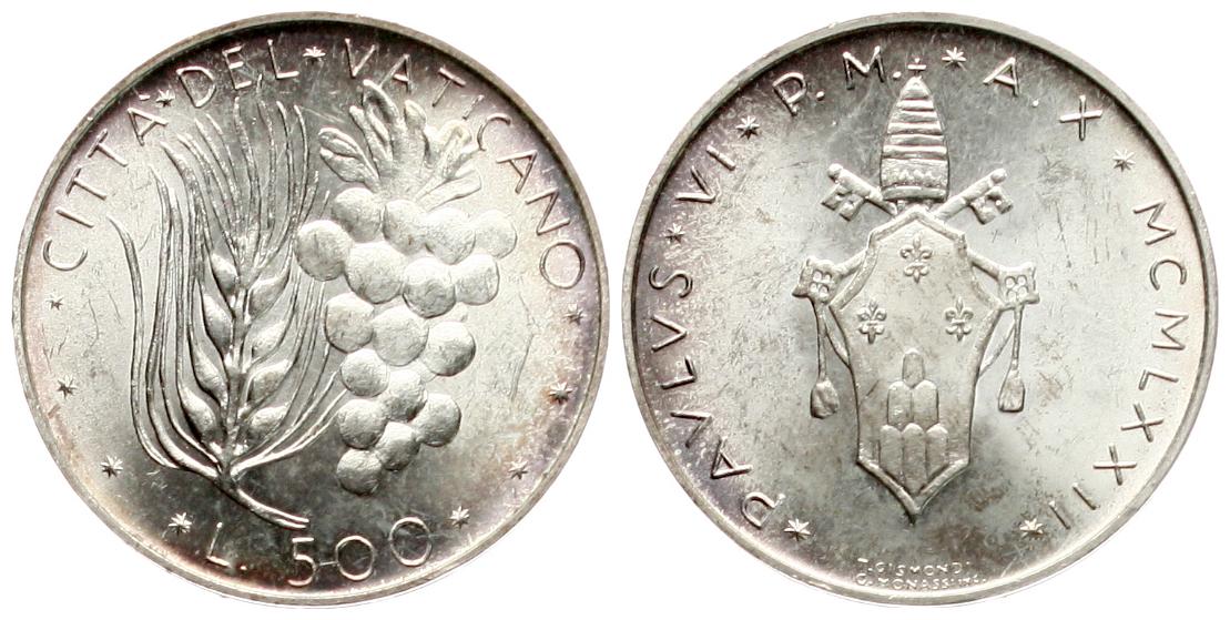  Vatikan/Kirchenstaat: 500 Lire 1972/X, Papst Paul VI., Weizenähre und Trauben, fstgl   