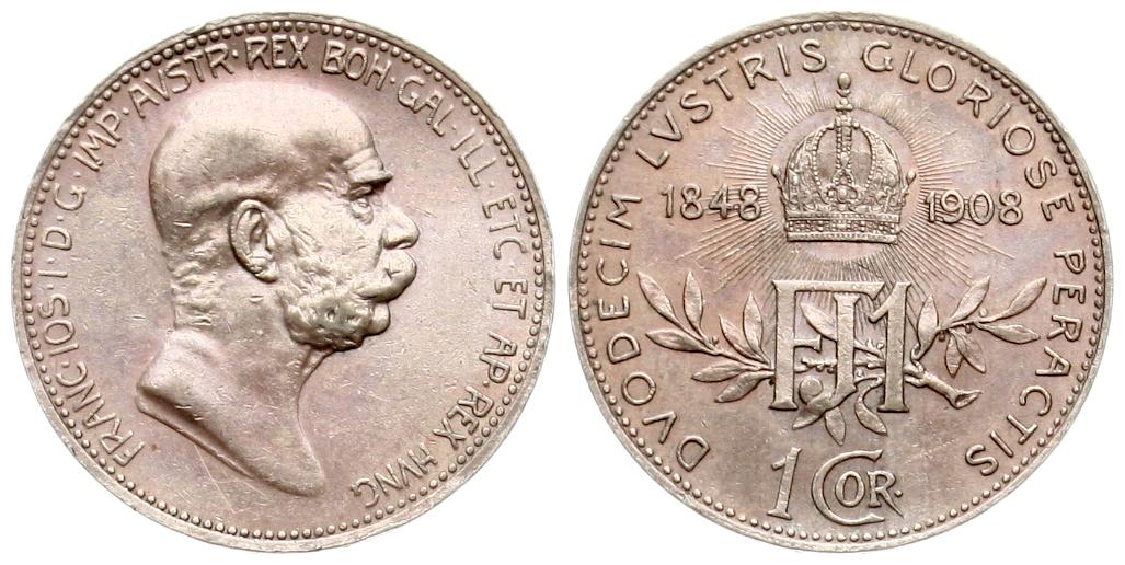  Österreich/Ungarn, Franz-Josef: 1 Krone 1908, Silber, 5 gr. 835er, 4,18 fein, prachtvoll erhalten!   