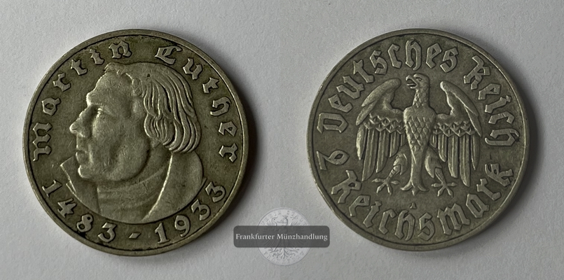  Deutschland Drittes Reich 2 Reichsmark 1933 A  Martin Luther  FM-Frankfurt  Feinsilber: 5g   