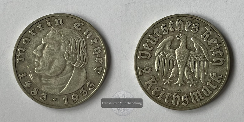  Deutschland Drittes Reich 2 Reichsmark 1933 A  Martin Luther  FM-Frankfurt  Feinsilber: 5g   