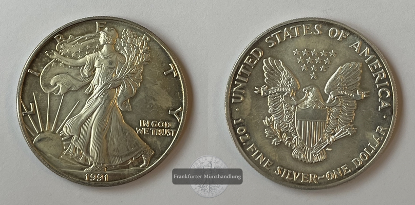  USA 1 Dollar 1991 Walking Liberty KM#273 FM-Frankfurt Feinsilber: 31,06g   