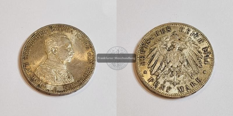  Deutsches Kaiserreich Preussen 5 Mark 1914 A  Wilhelm II. Uniform FM-Frankfurt Feinsilber: 25g   