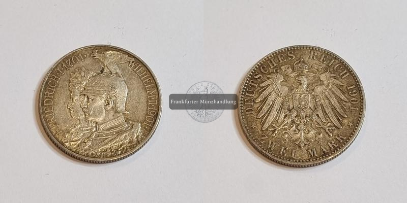  Deutschland Kaiserreich 2 Mark 1901 200 Jahre Preußen FM-Frankfurt KM#525 Feinsilber: 10g   