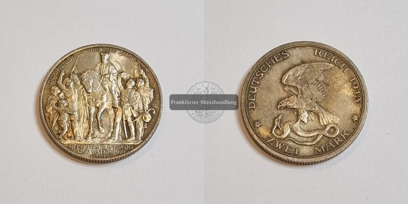  Deutsches Kaiserreich Preussen, Wilhelm II. 2 Mark 1913 A Befreiung  FM-Frankfurt Feinsilber:10g   