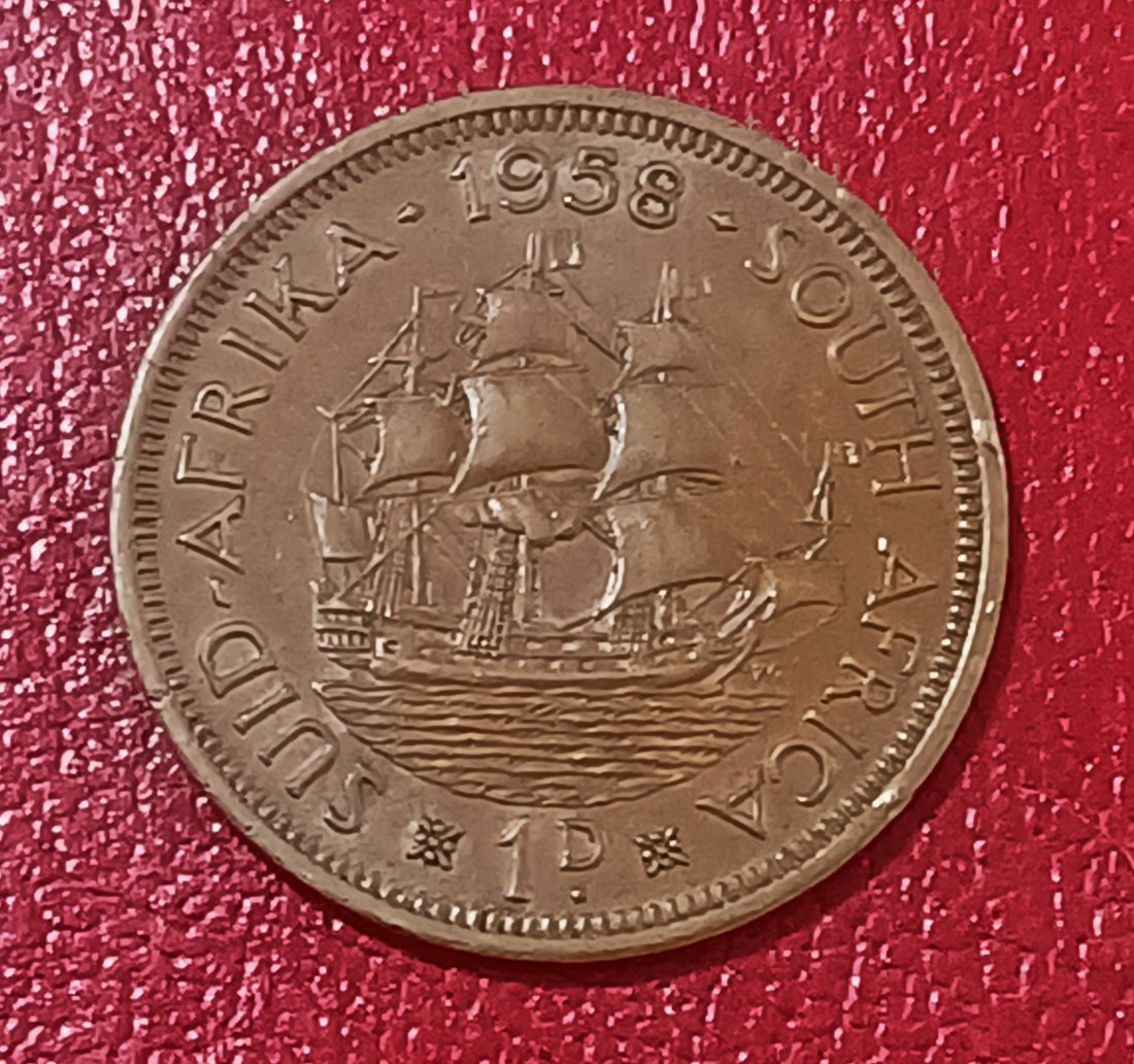  1958 South Africa BU UNC Dromedaris Ship Elizabeth II One Penny 1P   