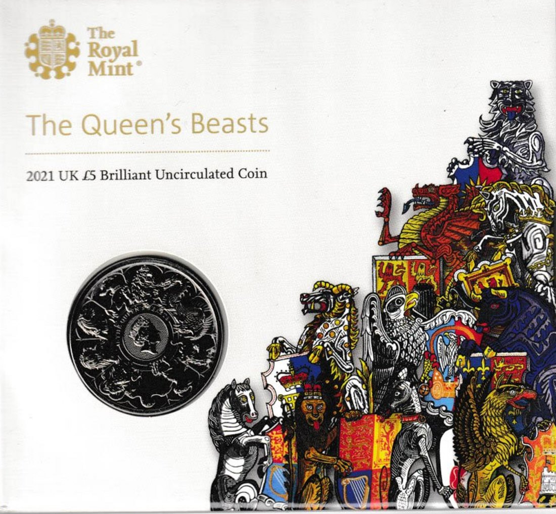  Großbritannien 5-Pfund-SM *The Queen`s Beasts - alle Hunde* 2021 letzte Münze der Serie!   