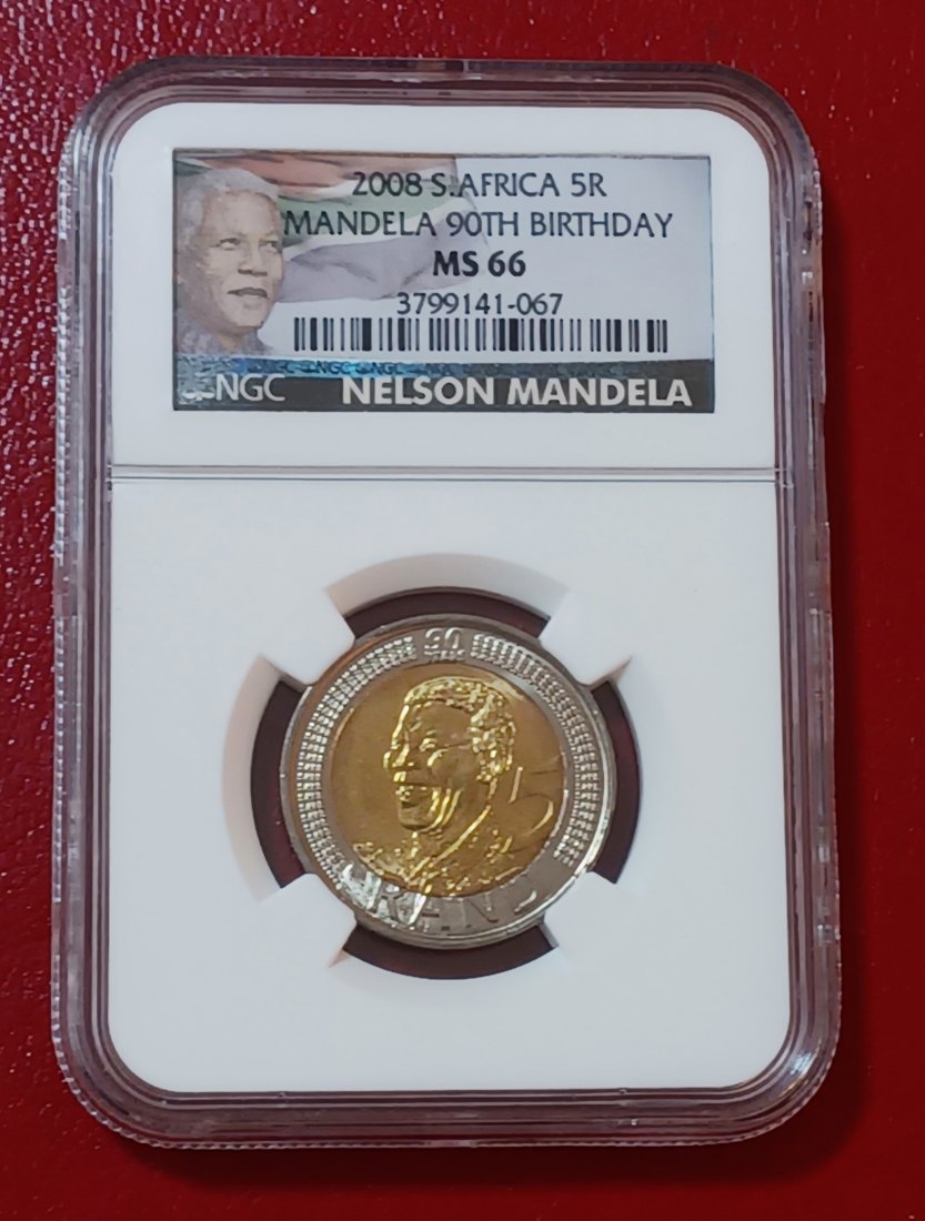 2008 South Africa Nelson Mandela 90th Birthday Bimetallic Five Rand R5 NGC MS66 SPECIAL LABEL