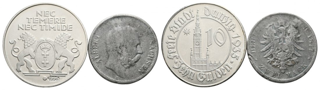  Stadt Danzig; 10 Gulden 1935;  Altdeutschland; 2 Mark 1877 Sachsen; Fälschungen   