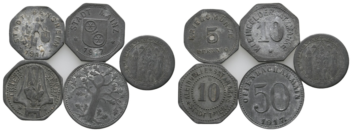  Notgeld / Kriegsgeld; verschiedene Städte; 5 Kleinmünzen   