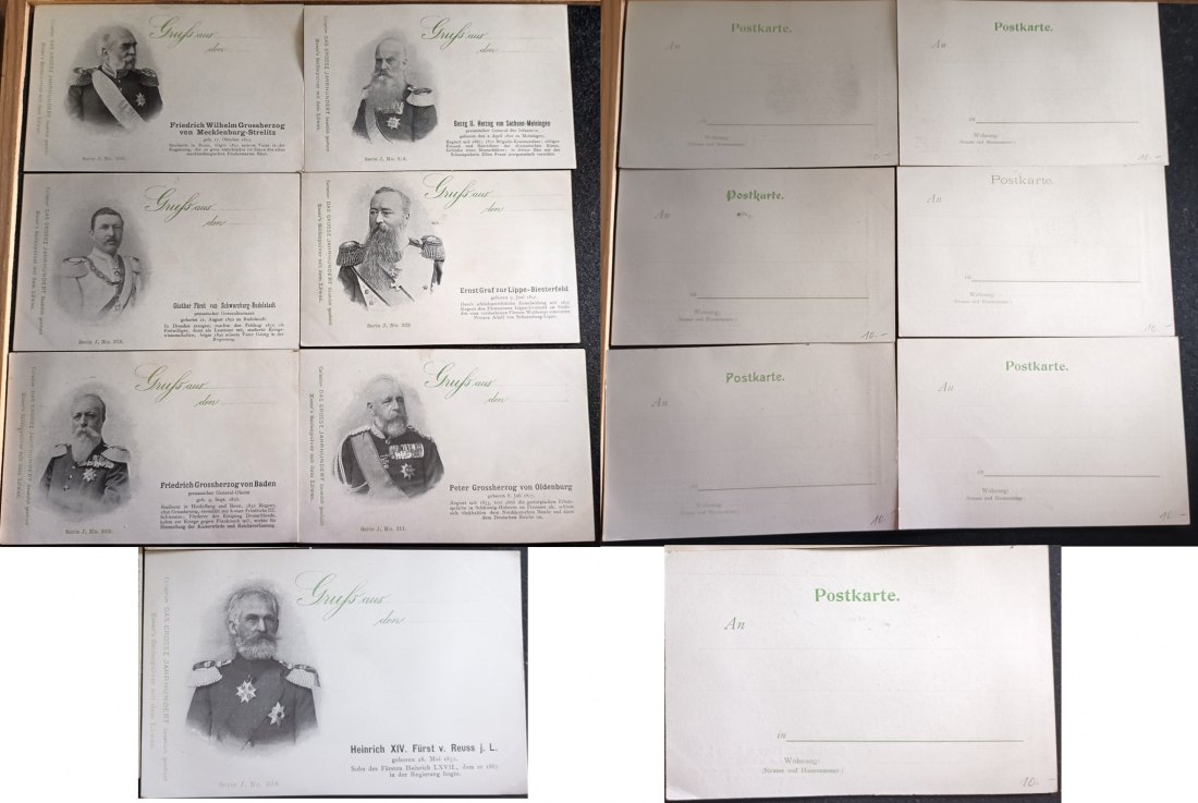  Postkarten; mit Porträts deutscher Fürsten und Adliger; ( 7 Stück )   