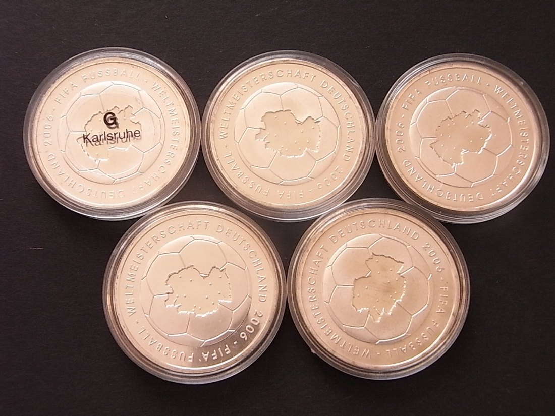 BRD 5 x 10 Mark 2003 Fussball WM Alle Münzzeichen PP Silber   