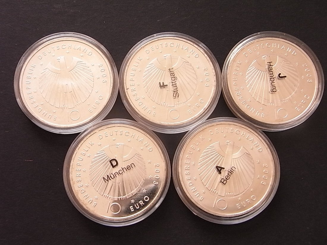  BRD 5 x 10 Mark 2003 Fussball WM Alle Münzzeichen PP Silber   