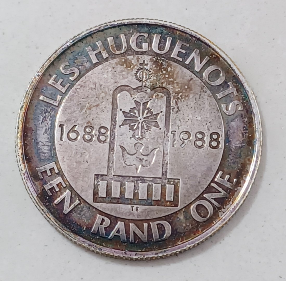  1988 South Africa PROOF Huguenots 300 Years One Rand R1 MINTAGE 9,028 80% Silver 15g   
