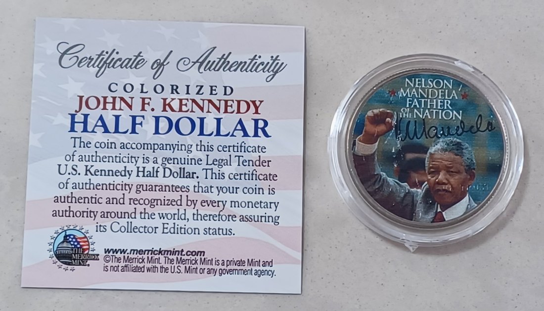  South Africa Nelson Mandela Father of the Nation Colorized John F Kennedy Half Dollar w COA 30.66mm   