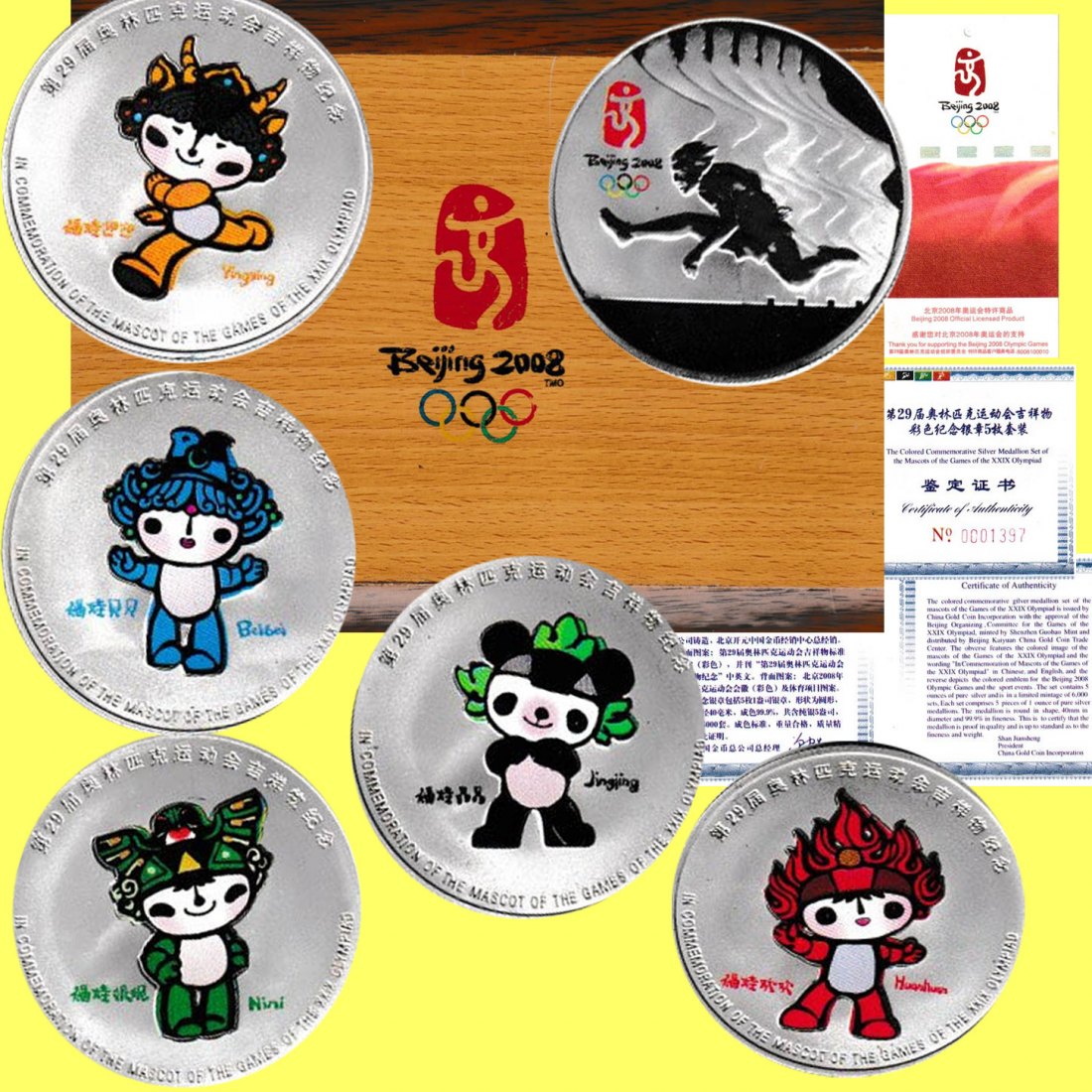  China 5x1oz Farbmedaille *XXIX. Olympische Sommerspiele in Beijing* 2010 *PP* nur 6.000St!   