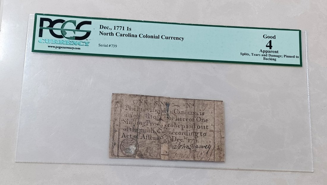  1771 United States North Carolina Colonial Currency One Shilling 1S PCGS G4 Serial #739   