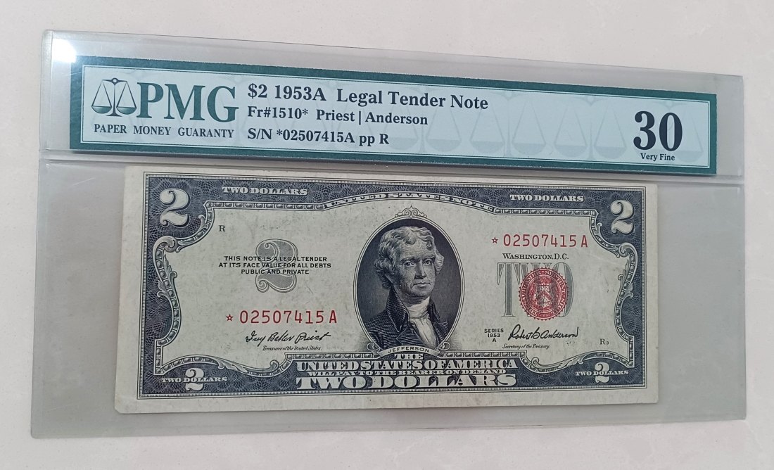  1953A United States Priest-Anderson Two Dollars $2 RED SEAL STAR NOTE PMG VF30 S~N *02507415A   