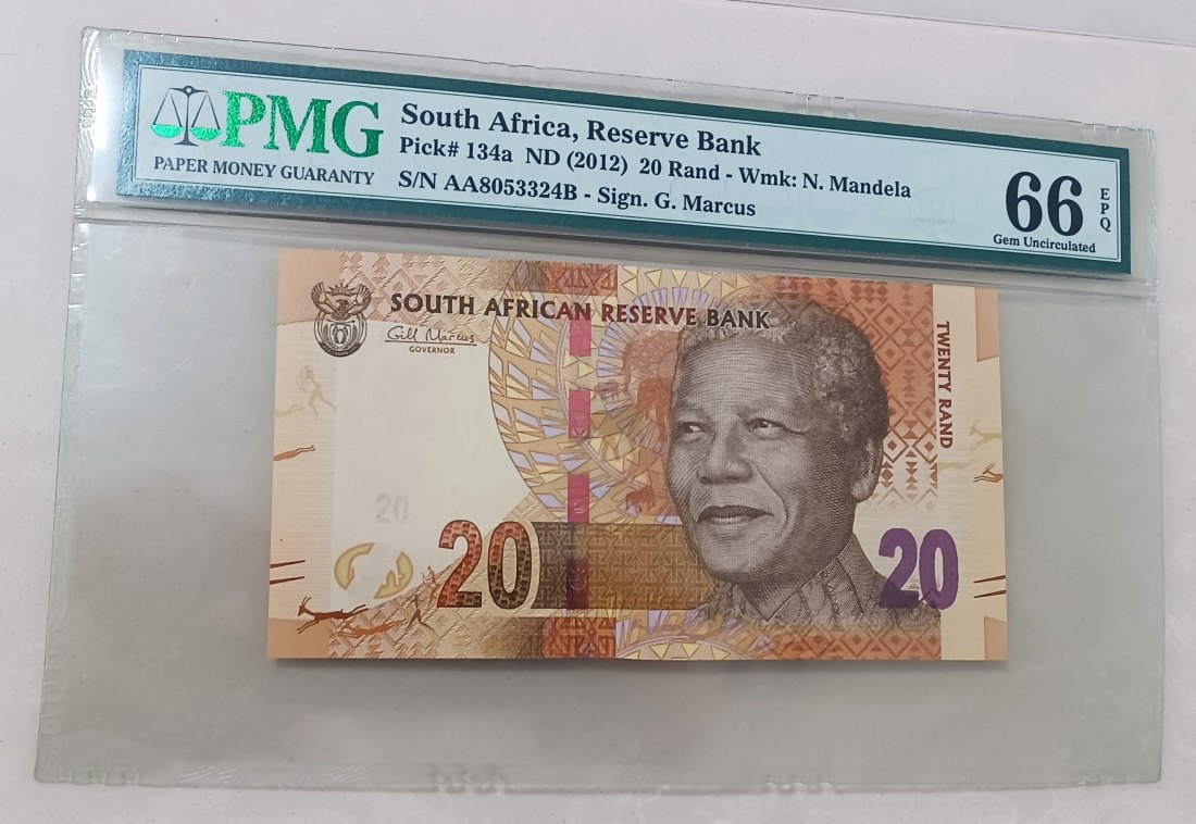 2012 South Africa Nelson Mandela Elephant Twenty Rand R20 PMG 66EPQ Pick#134a SN AA8053324B