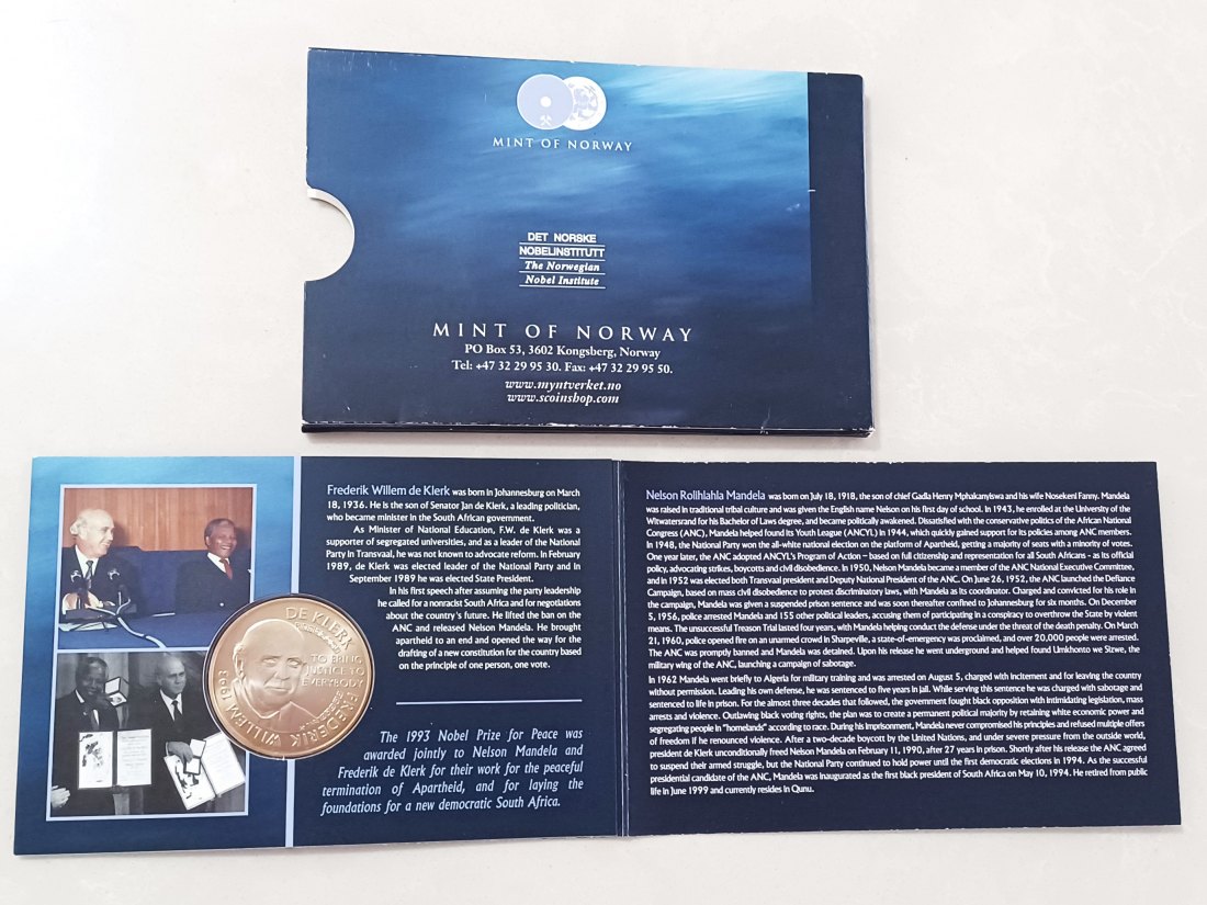  2008 Nelson Mandela & F.W De Klerk Mint of Norway 32mm 15,6g Medal in Presentation Package   